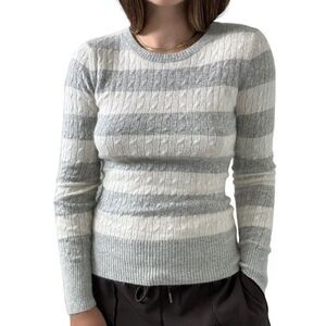 Womens Angora Wool Blend Gray White Striped Fuzzy Soft Preppy Sweater Sz M
